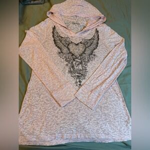 Twenty Twenty Pink Burnout Hoodie XL Y2K Graphic Angel Wings Heart Rhinestone